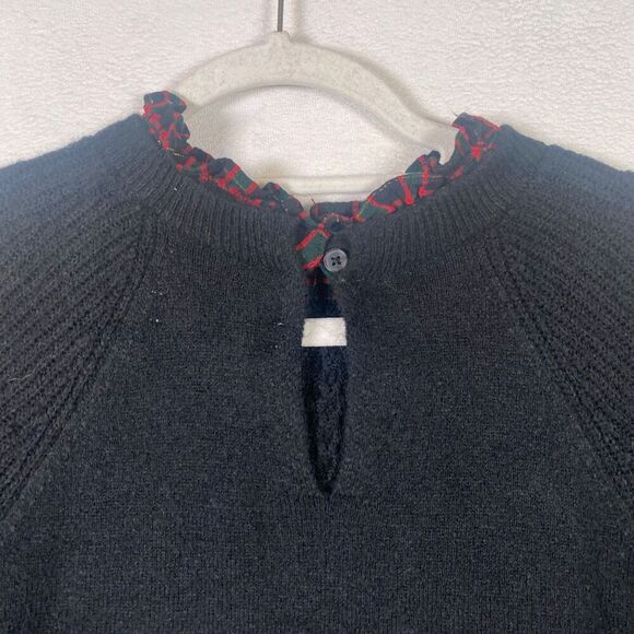 LOFT Black Cable Knit Plaid Trim Sweater Ruffle Neck Holiday Layered Look M - Picture 9 of 12
